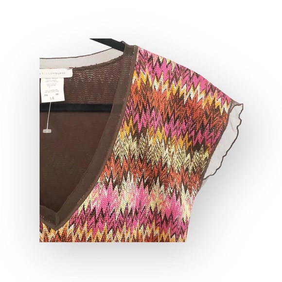 new Papillon Blanc 🝮 Sheer Woven Chiffon Top 🝮 Ikat Stripe 🝮 Pink Brown 🝮 L